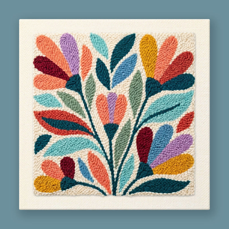 Kit punch needle Folk Bloom — éventail botanique turquoise, corail, moutarde, lavande et bordeaux